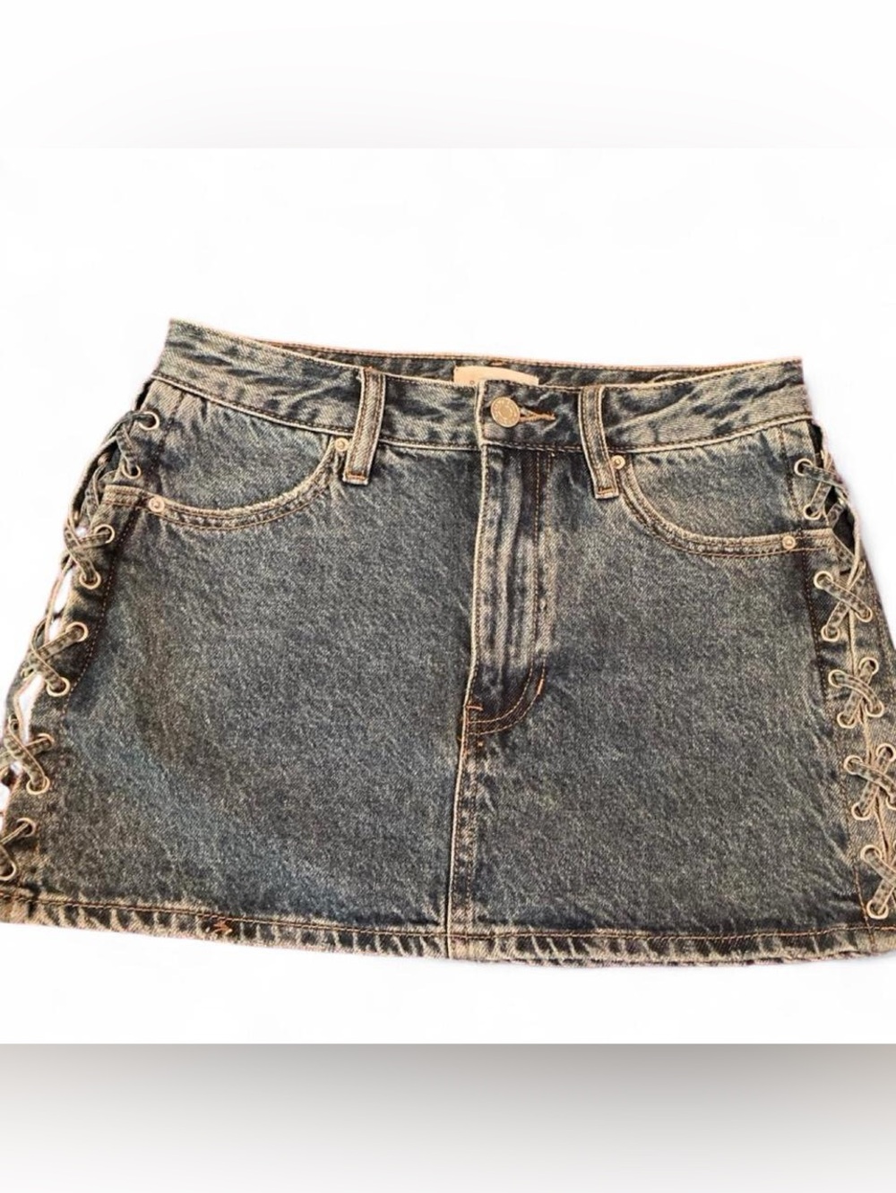 Acid Washed Denim LaceUp Low Rise Mini Skirt Grunge Y2K Vintage Inspired Size 23